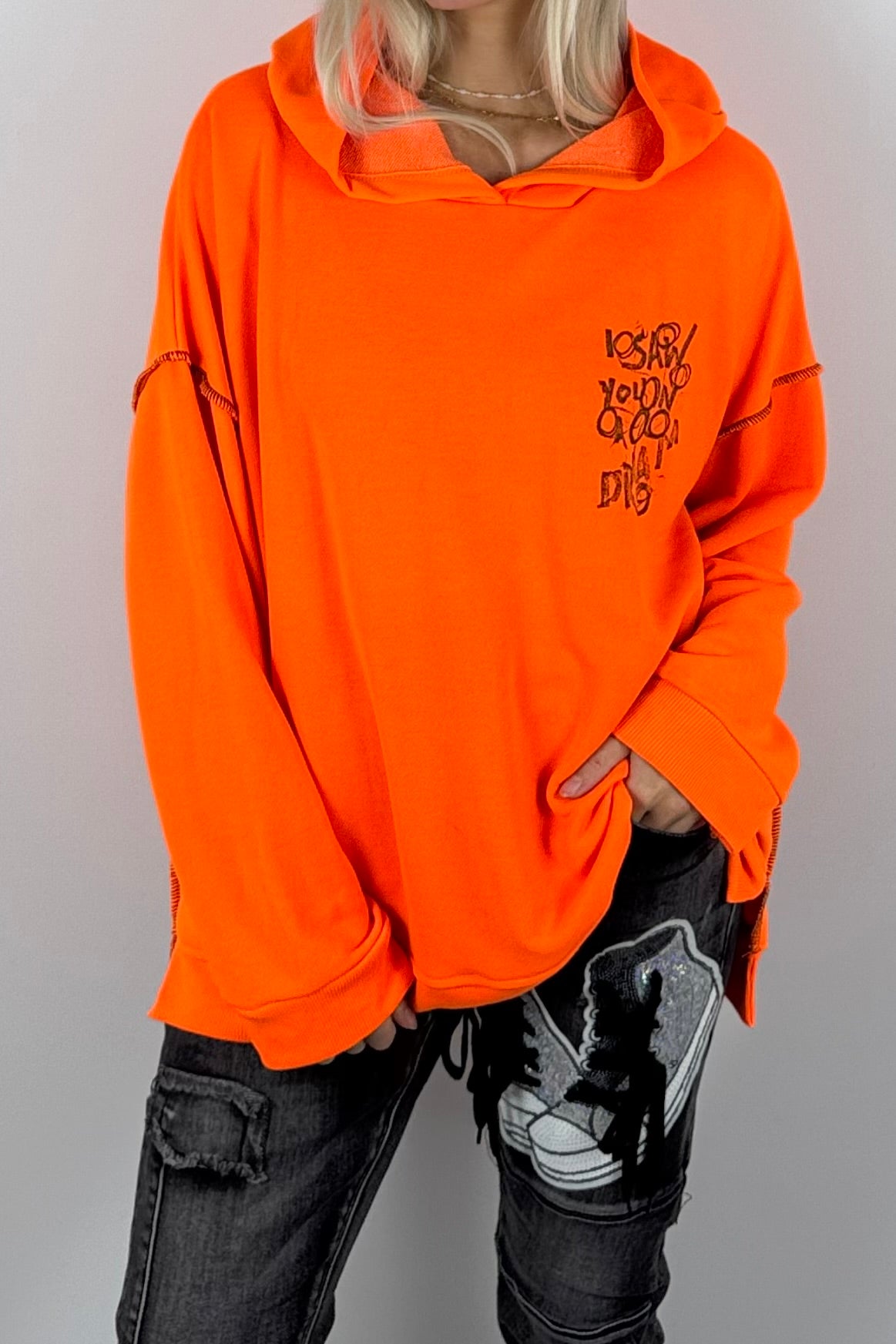 Damen-Hoodie mit Schriftprint und Ziernähten-Neon Orange
