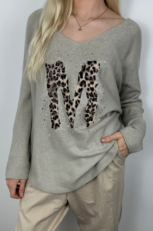 Langarmshirt mit Strass-Detail und M-Applikation-Beige