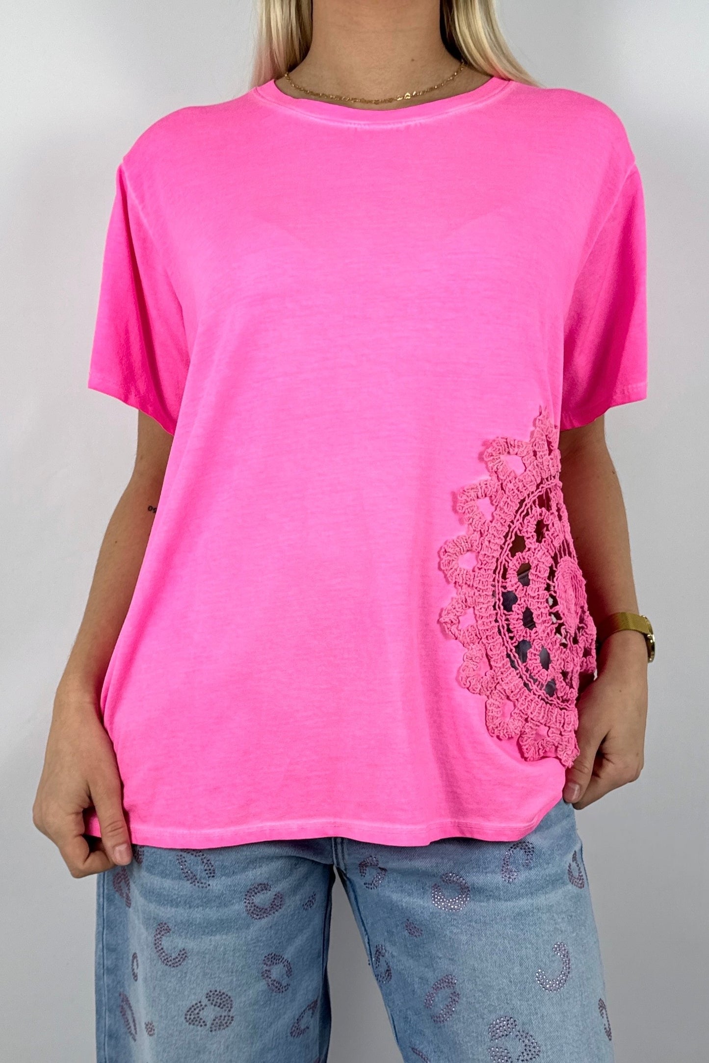 Shirt mit großem Häkel Muster-Neon Pink