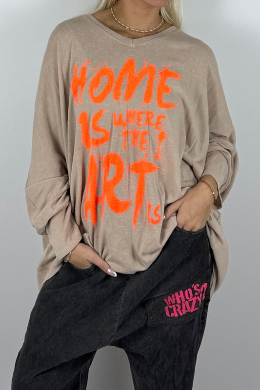 Damen Oversize-Shirt mit Statement-Print-Beige