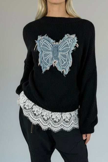 Strick Shirt mit Schmetterlings-Applikation & Spitzenabschluss-Schwarz