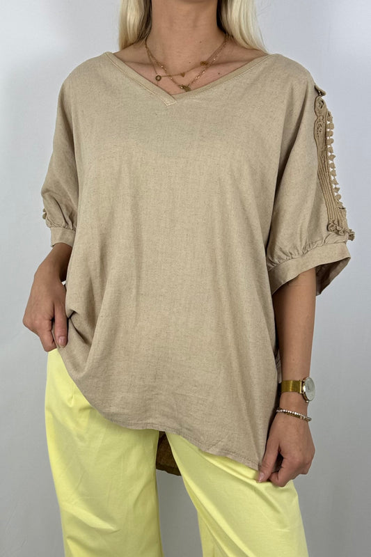Leinen-Viscose Shirt mit Häkelspitze – luftig & feminin-Safari
