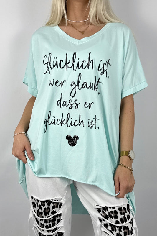 Oversize Shirt mit Schriftzug Glücklich ist – Lässiger Look-Mint