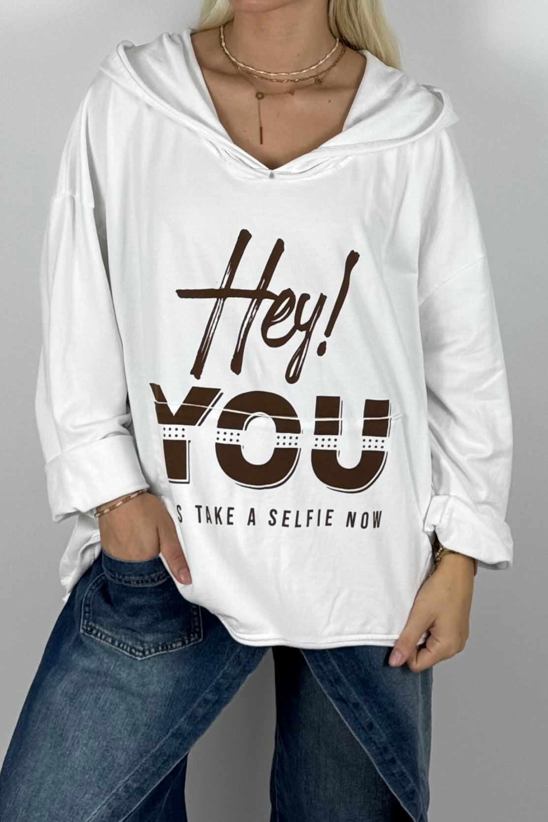 Damen Oversize Hoodie „Hey You“ mit Kapuze – Weiß