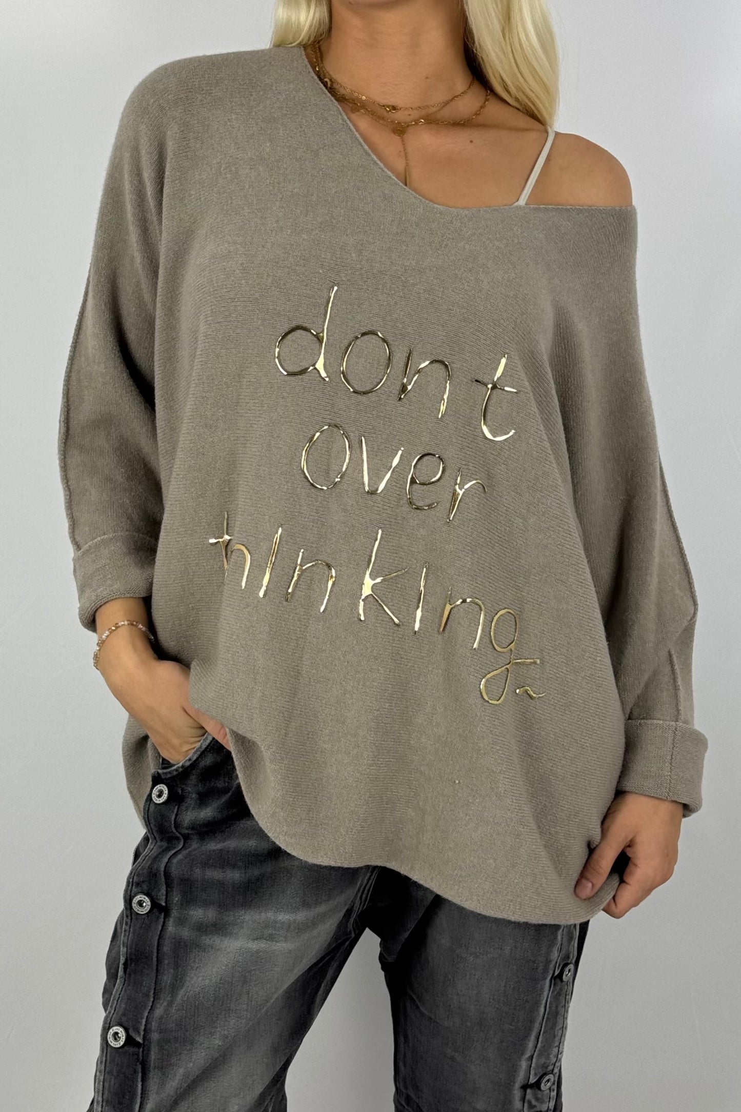 Damen Feinstrick-Pullover „Don’t Over Thinking“ – Mud