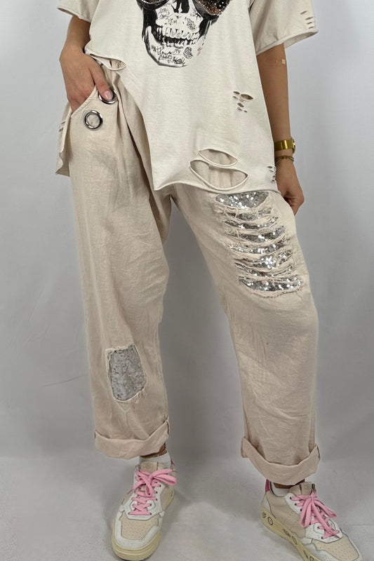 Leinen-Viskose Hose mit Pailletten-Details-Beige