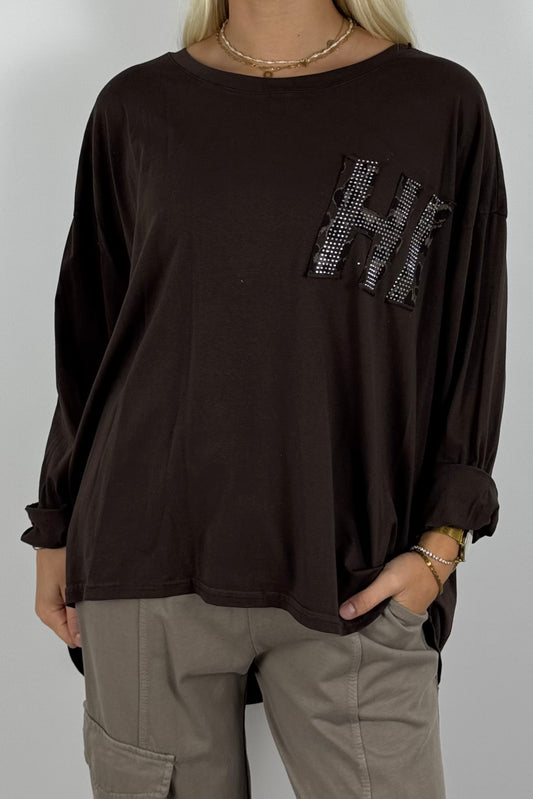 Oversize Longshirt mit Leo-Detail –Schoko
