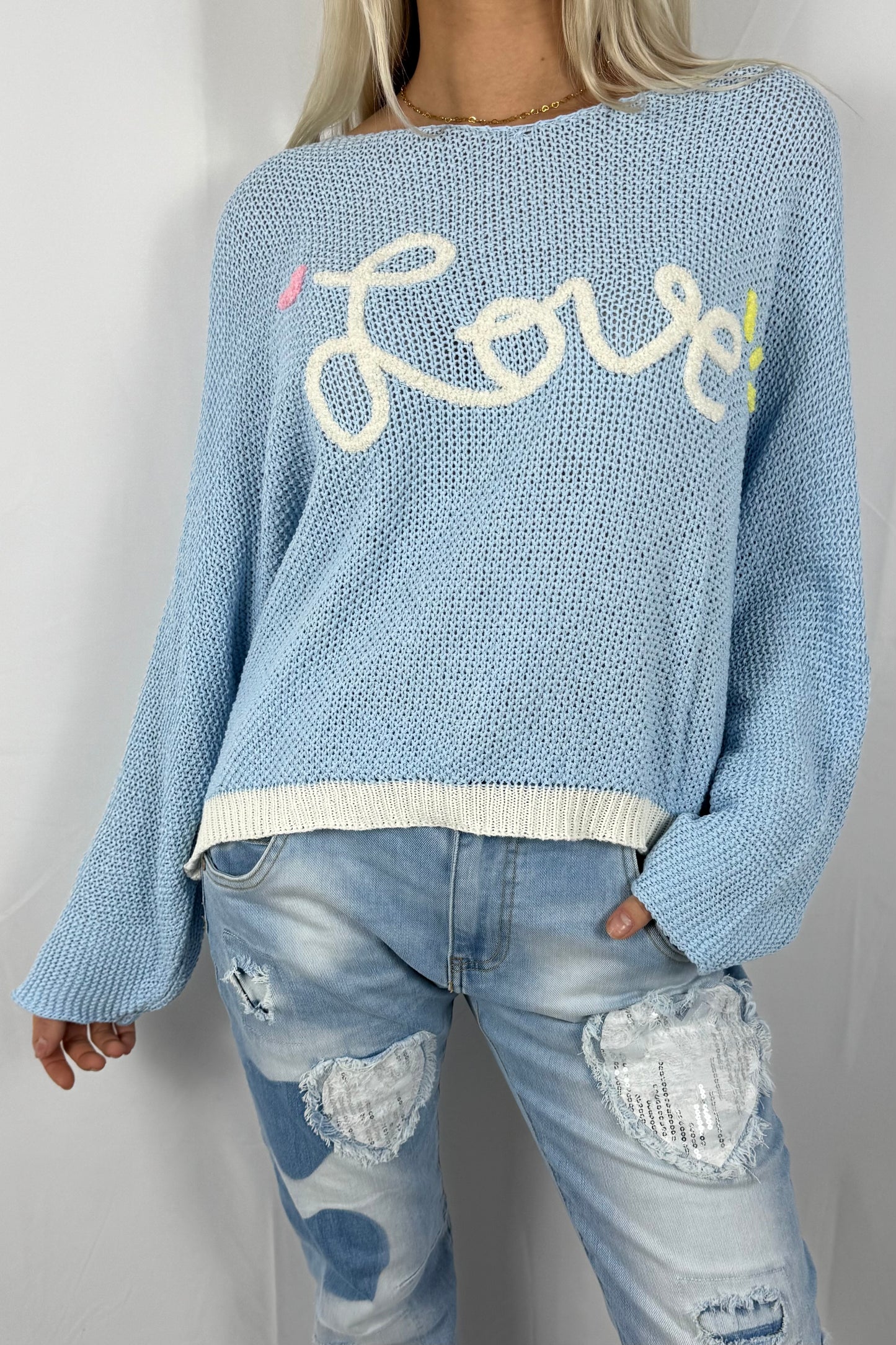 Damen Strickpullover „Love“ Oversize-Hellblau