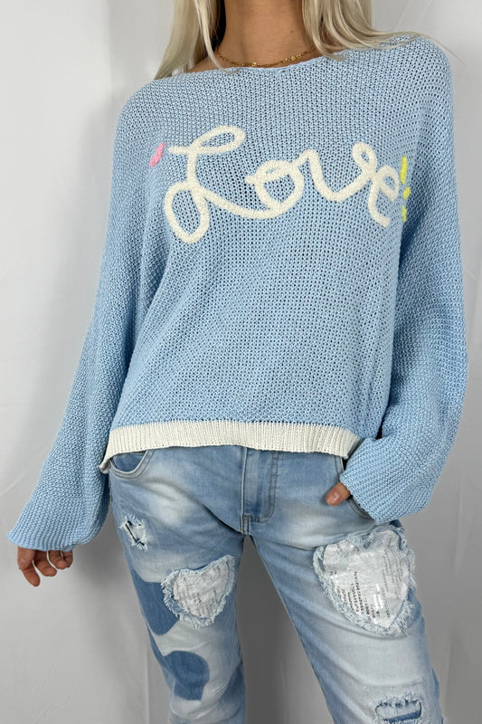 Damen Strickpullover „Love“ Oversize-Hellblau