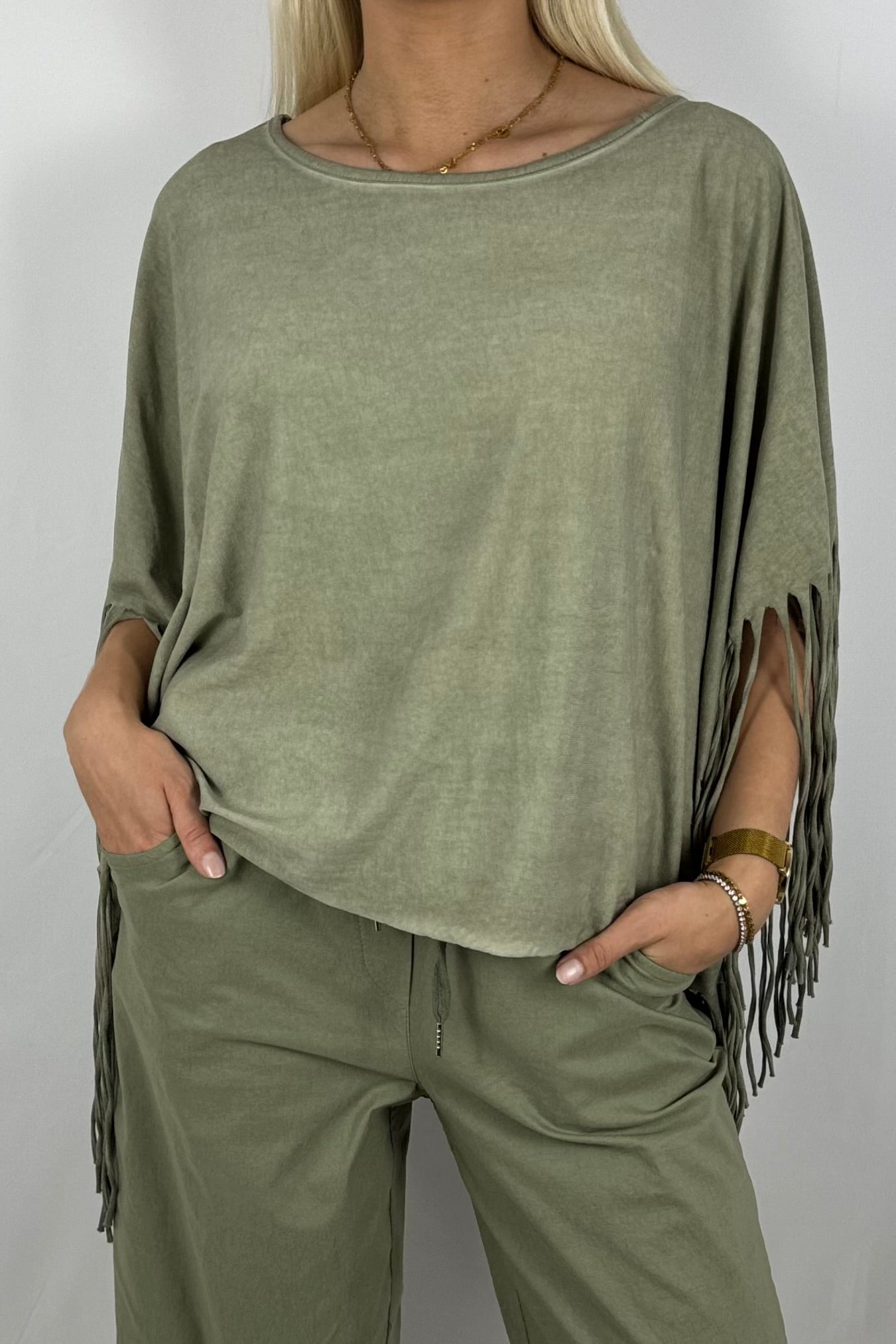 Fransen-Shirt aus Baumwollmix-Khaki