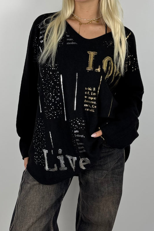 Oversize Shirt mit V-Ausschnitt & Metallic-Print-Schwarz