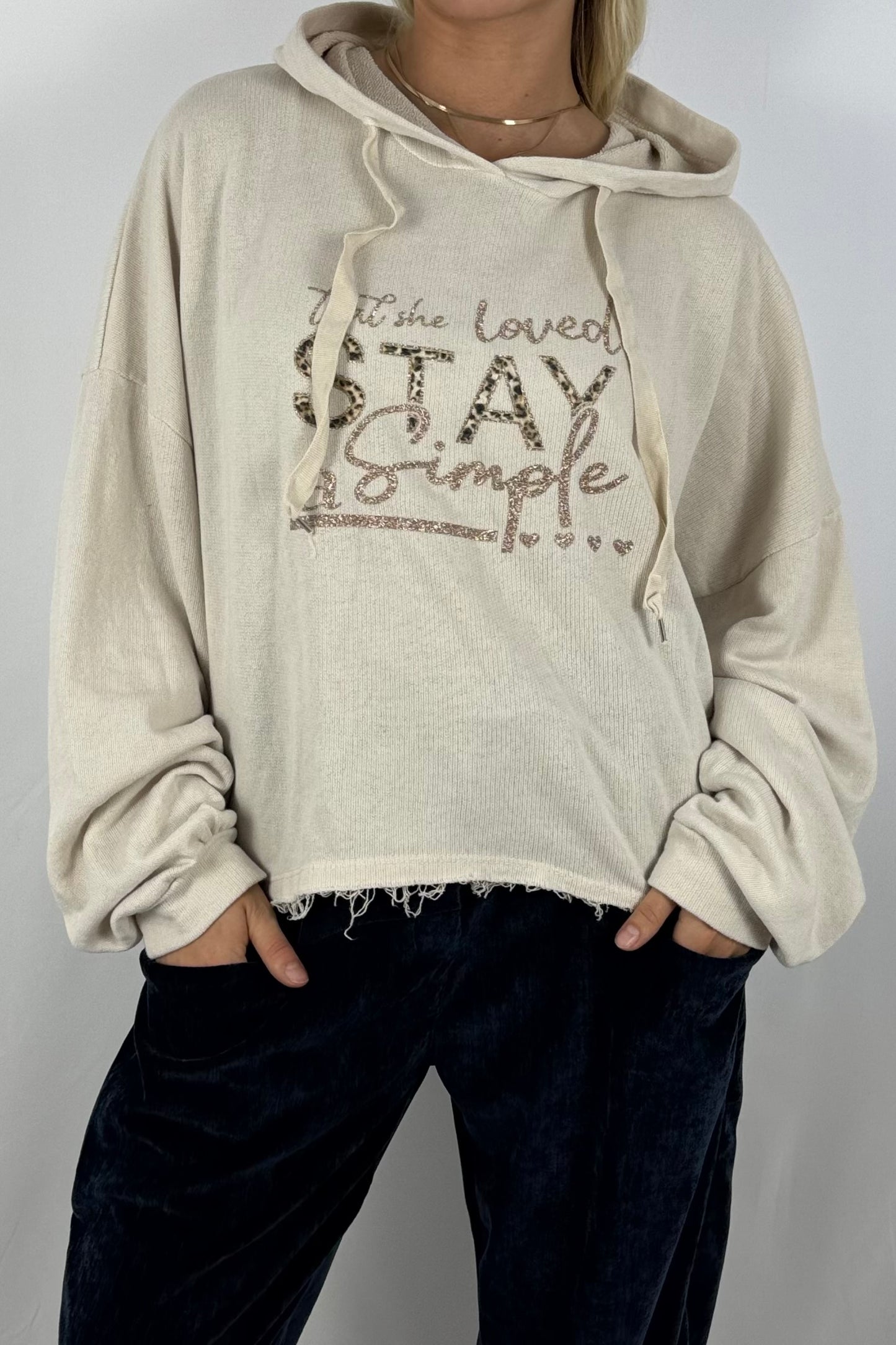 Damen Hoodie – Cropped mit Statement-Print-Beige