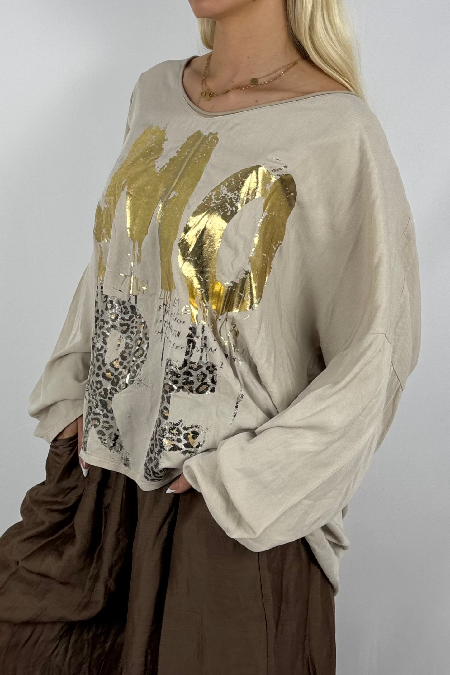 Oversize-Shirt mit Statement-Print-Beige