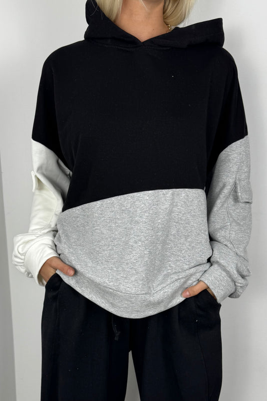 Oversize Damen Hoodie mit Farb-Block Design-Schwarz
