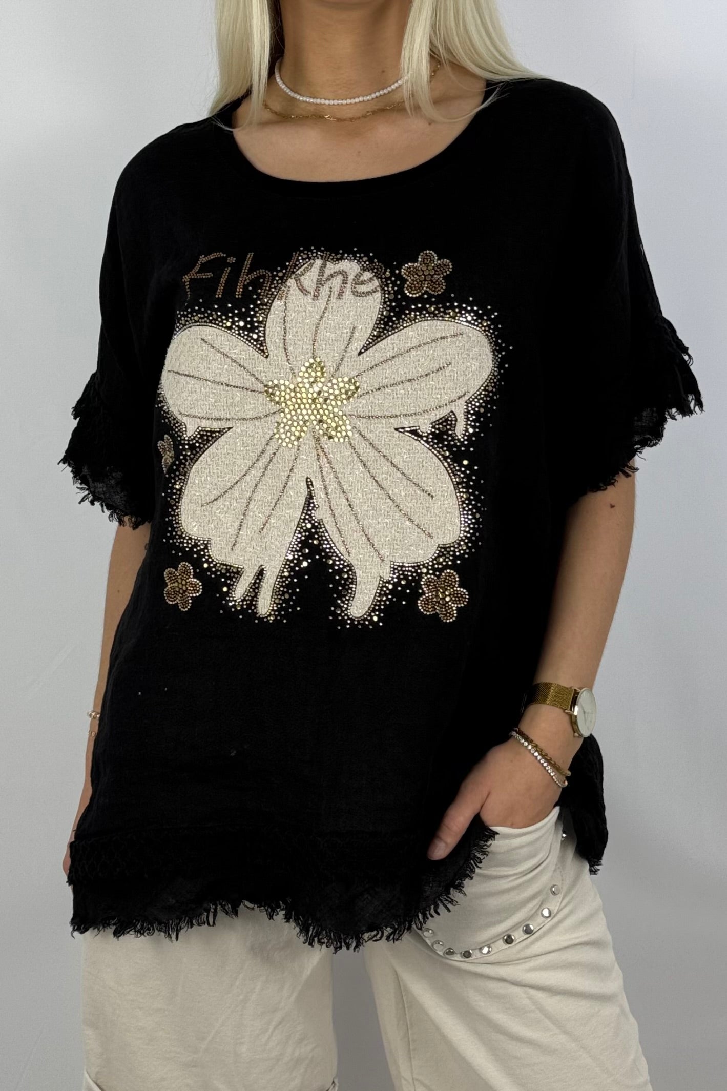 Leinen-Shirt mit Blumenprint & Häkel-Details-Schwarz