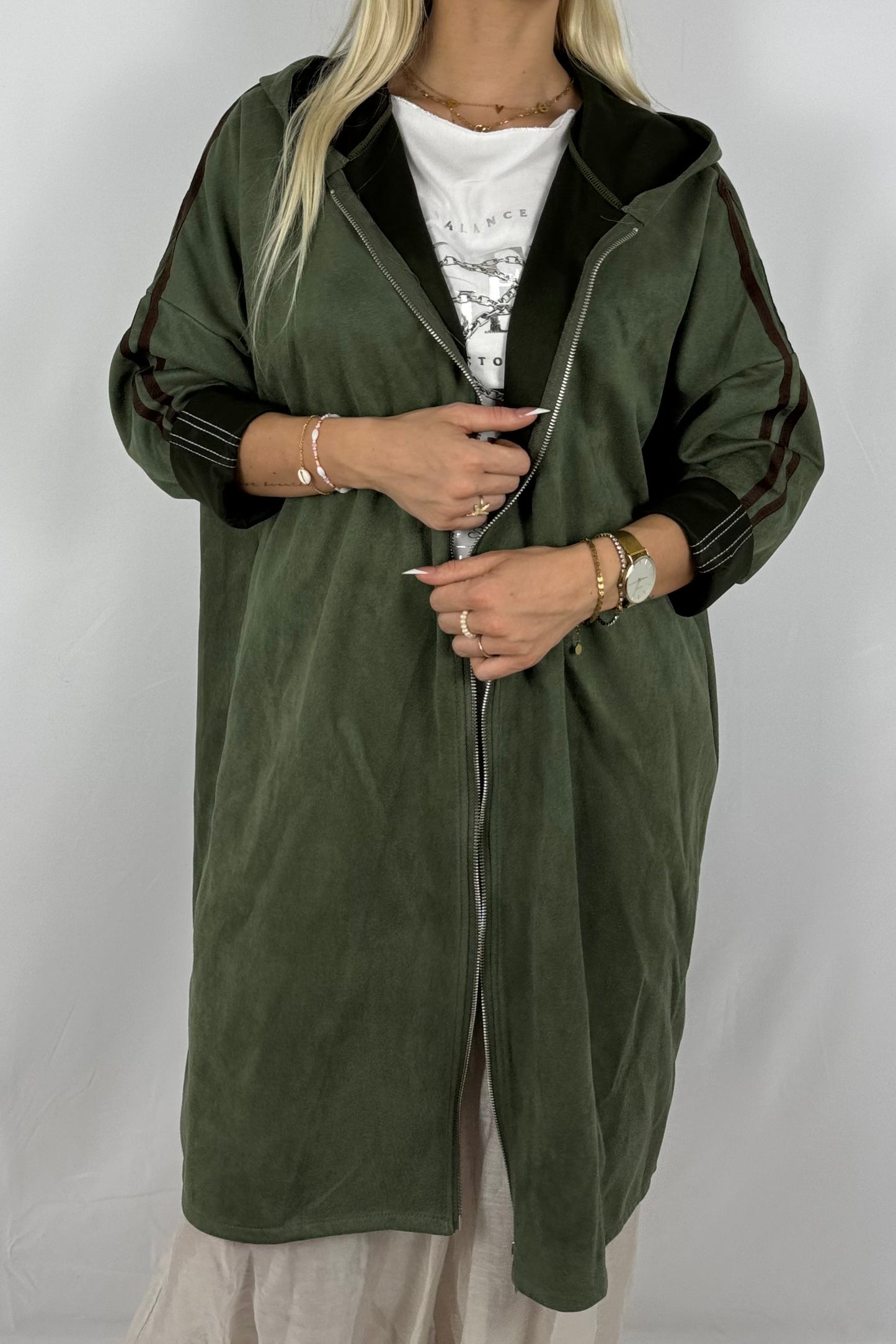 Lässige Longjacke in Velours-Optik mit Kapuze-Khaki