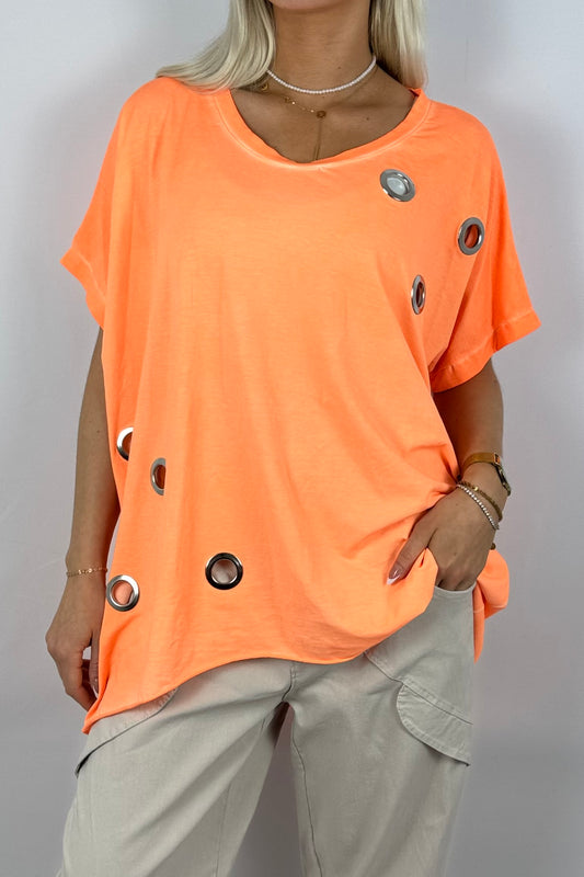 Oversize-Shirt mit dekorativen Metallösen-Neon Orange